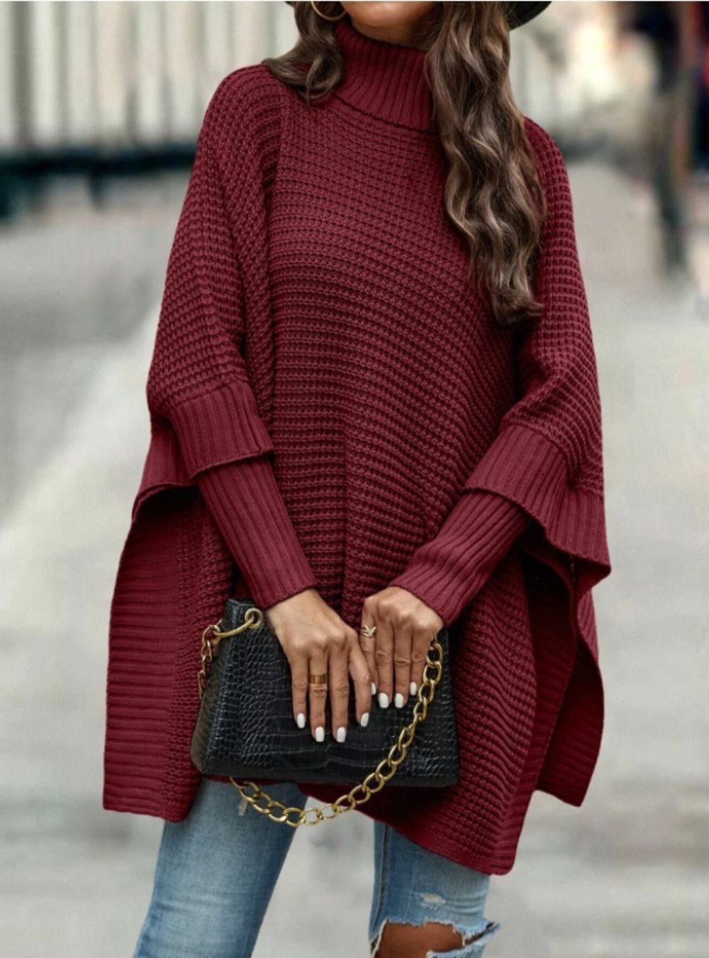 Turtleneck Batwing Poncho Sweater
