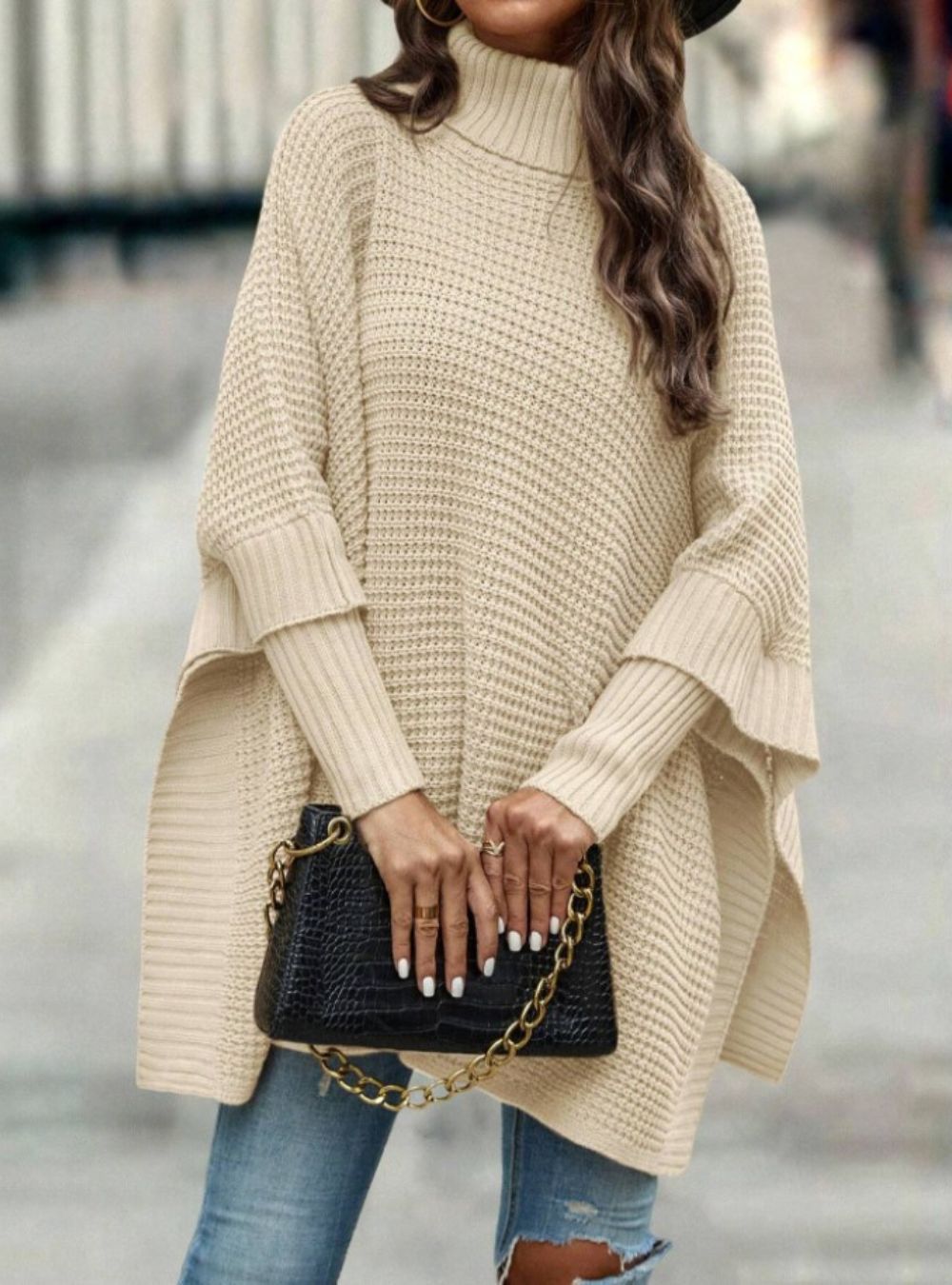 Turtleneck Batwing Poncho Sweater