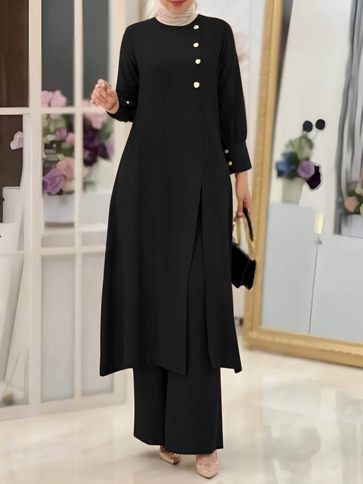 Solid Front Button High Slit Long Top Co-Ord