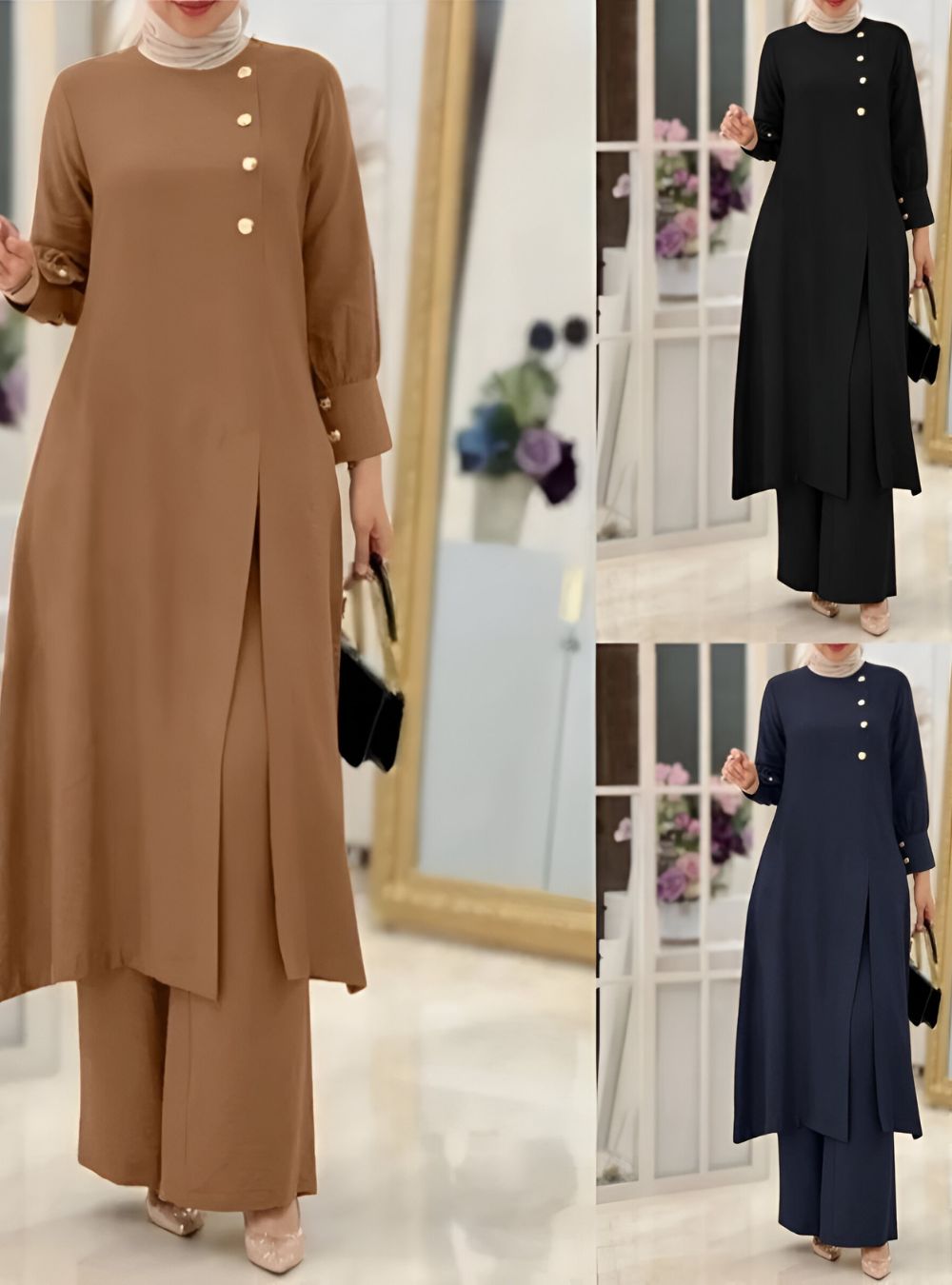 Solid Front Button High Slit Long Top Co-Ord
