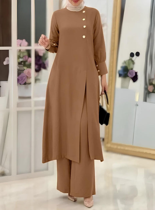Solid Front Button High Slit Long Top Co-Ord