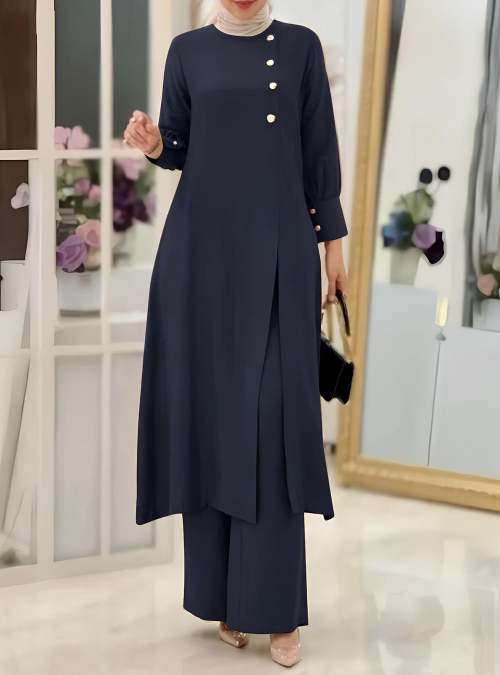 Solid Front Button High Slit Long Top Co-Ord