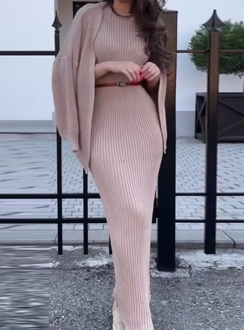 Casual Knit Ribbed Two-Piece Dress Set