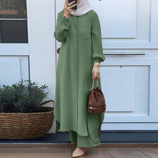 Solid Front Button High Slit Long Top Co-Ord