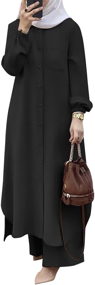 Solid Front Button High Slit Long Top Co-Ord