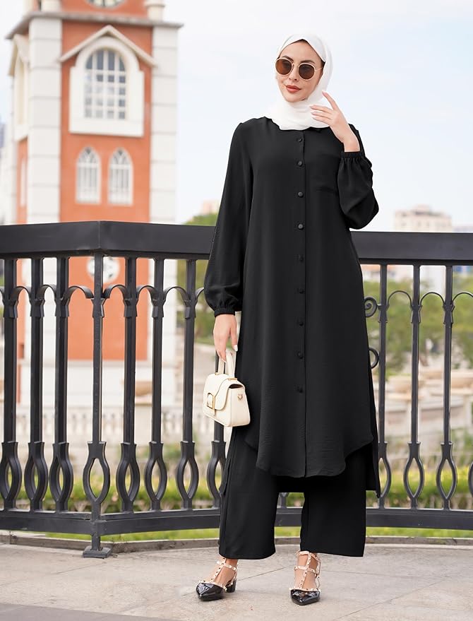 Solid Front Button High Slit Long Top Co-Ord