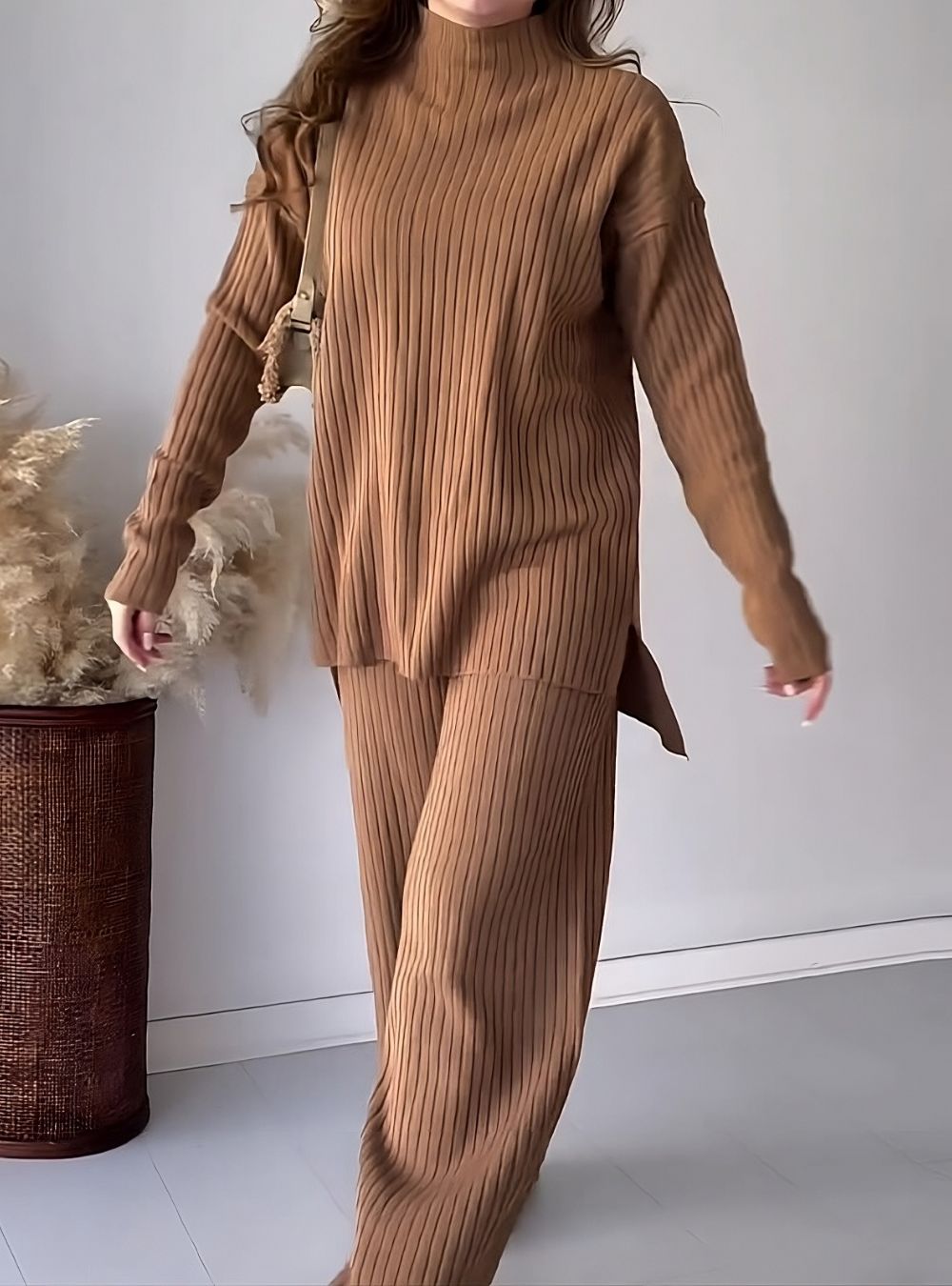 Chic-Slit Turtleneck Knit Co-ord Set